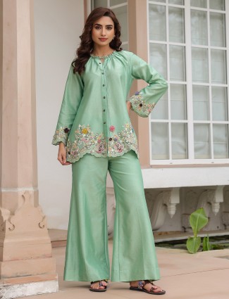 Silk tencel embroidery co-ord set in light green