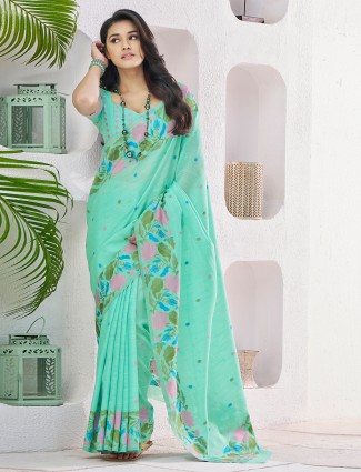 Festive wear mint green saree in soft linen