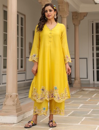 Mustard yellow chanderi silk kurti set for women