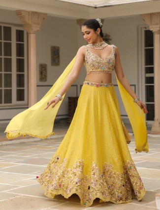 Organza mustard yellow lehenga choli with dupatta