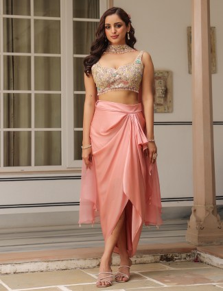 Onion pink organza and satin party wear indowestern suit