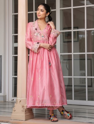 Chanderi silk kurti set in pastel pink