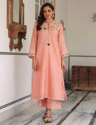Peach chanderi silk kurti set for festive wear
