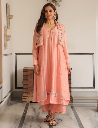 Peach jacket style women kurti set in chanderi silk
