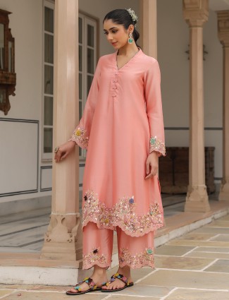 Peach chanderi silk kurti set for women