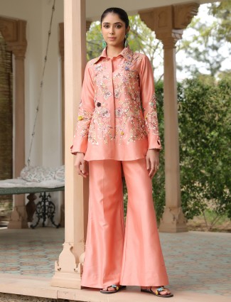 Silk tencel embroidery co-ord set in peach