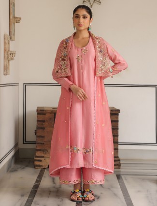 Pink chanderi silk jacket style kurti set for women