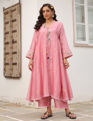 Pink chanderi silk kurti set with for festival
