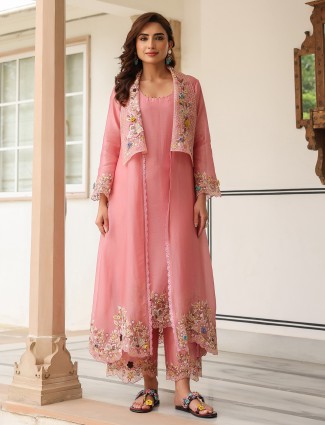 jacket style pink organza and chanderi silk kurti set