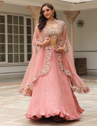 Pink wedding wear lehenga choli in silk and organza