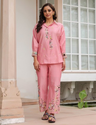 Pink silk tencel embroidery co-ord set for women