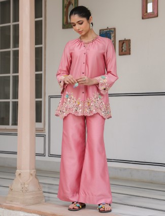 Pink silk tencel co-ord set with embroidery