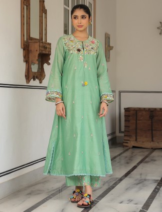 Pista green chanderi silk kurti set for women