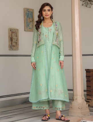 Pista green kurti set in organza and chanderi silk