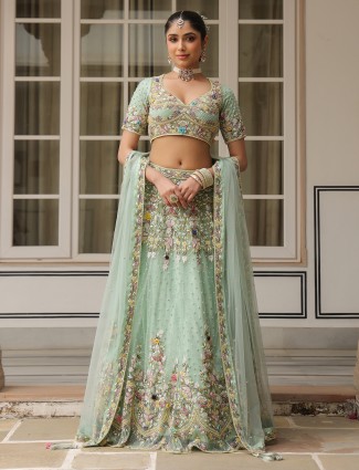 Sea green wedding wear net lehenga choli