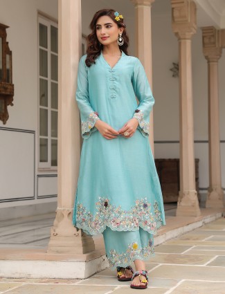 Sky blue chanderi silk pakistani kurti set