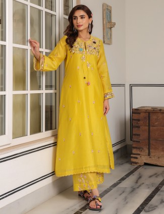 Chanderi silk yellow pakistani kurti set