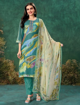 Aqua linen salwar suit with print