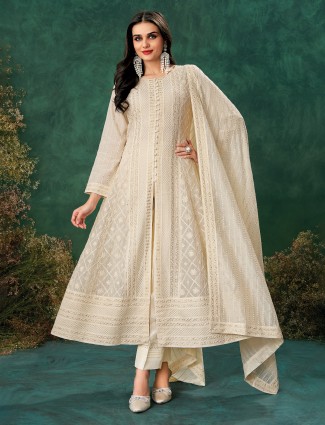 Beige thread worked chanderi salwar suit