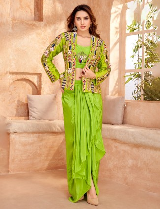 Bright green satin silk jacket style indowestern suit