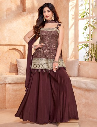 Brown printed printed wedding wear palazzo suit