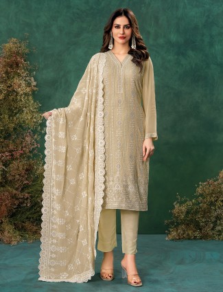 Dark Beige thread worked salwar suit in soft georgette
