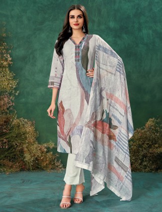 Printed grey linen salwar suit