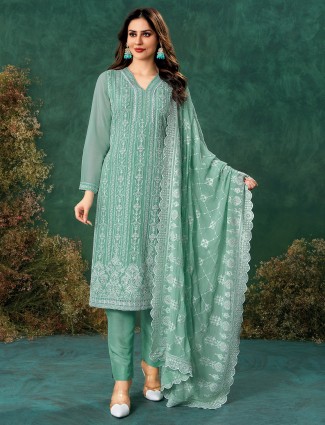 Georgette mint green salwar suit with thread work