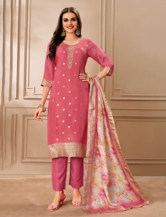 Pink zari worked organza salwar suit