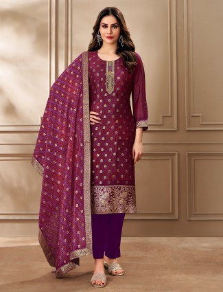 Purple zari worked salwar suit in soft organza