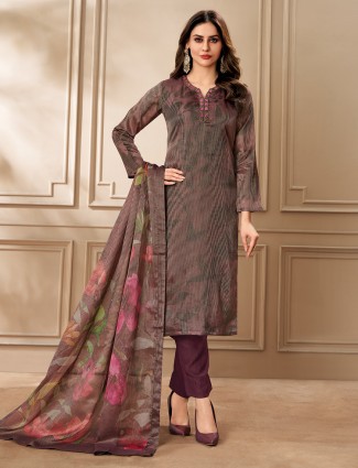 Wine organza salwar suit with print