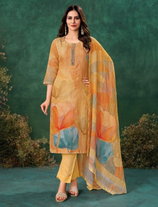 Linen yellow printed salwar suit