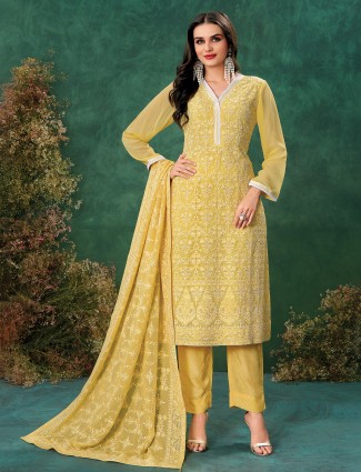Yellow thread worked salwar suit in soft georgette