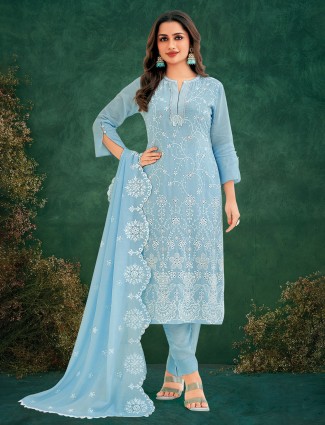 Royal blue mulmul salwar suit adorned with thread work details
