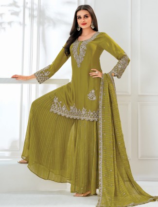Green satin palazzo suit for women