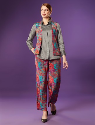 Grey silk floral printed co ord set