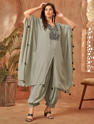 Sophisticated grey silk kaftan suit with luxe designer finish