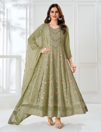 Stone blue lycra women indowetern suit with cutdana work