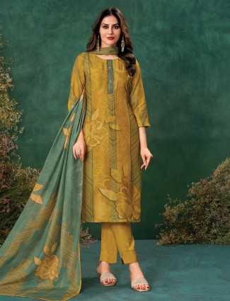 Charming mustard yellow muslin suit with artistic print accents