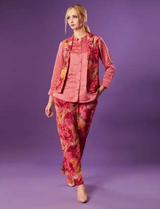Trendy silk printed co ord set in onion pink
