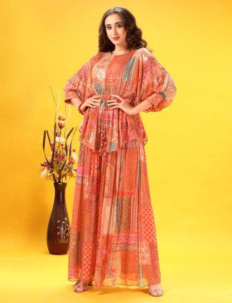 Orange printed palazzo suit in georgette