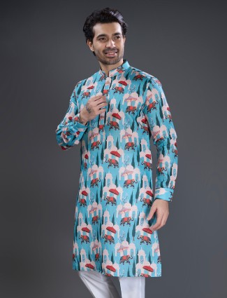 Aqua cotton printed kurta pajama set