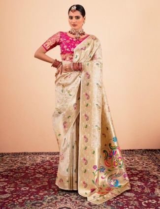 Beige zari worked paithani silk saree