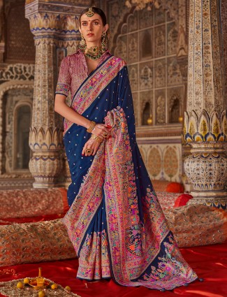Blue zari worked silk saree for women