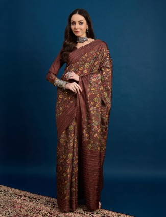 Brown cozi silk printed saree with seauins work