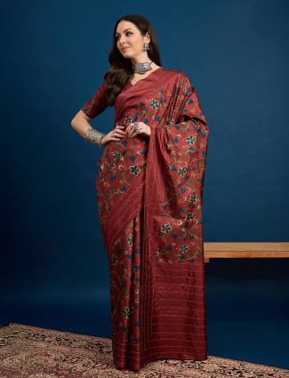 Trendy brown cozi silk saree with all over print accents
