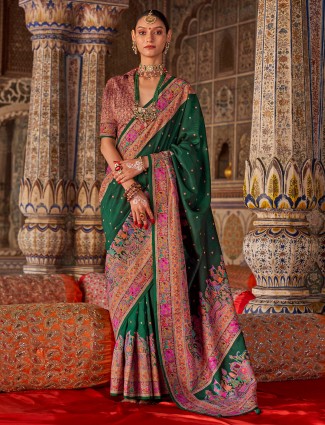 Green silk printed zari worked zari