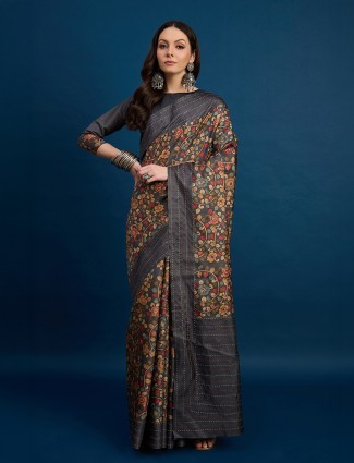 Grey printed cozi silk saree