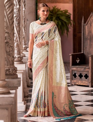 Off white silk zari worked saree for festival