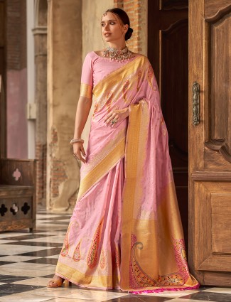 Pink festive wear silk saree with zari embellishment